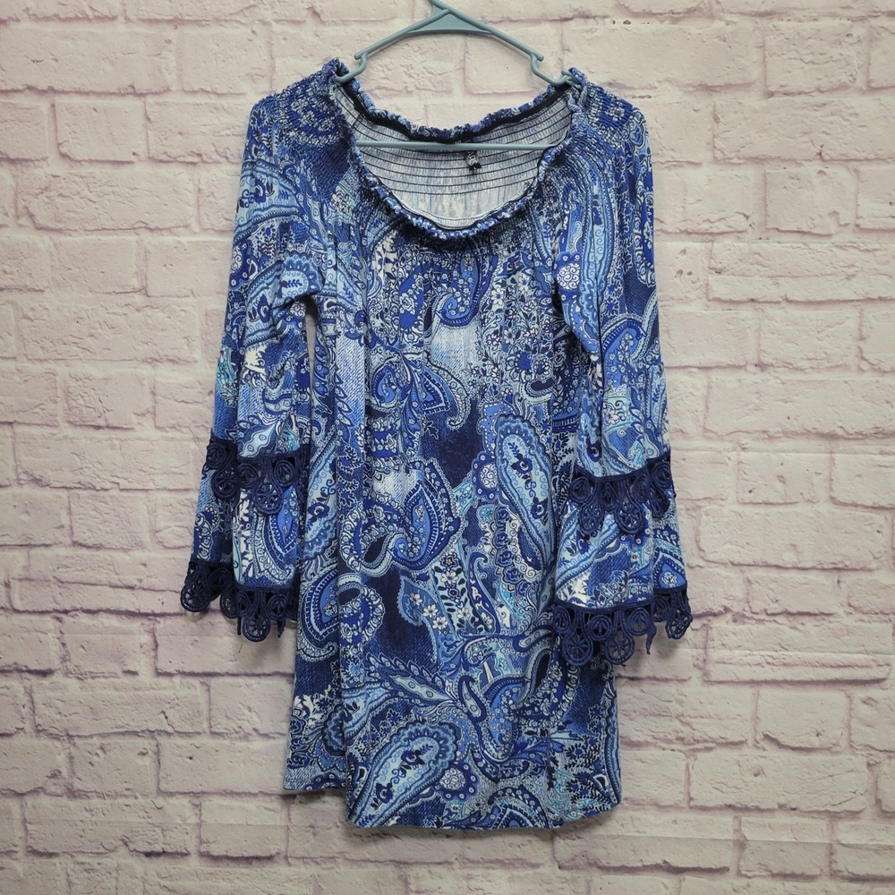 Lapis Blue Paisley Smocked Off Shoulder Blouse L Crochet Bell Sleeve Boho Y2K